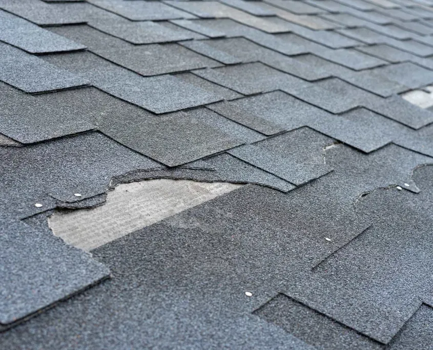 Close up view of shingles damaged from hail storm