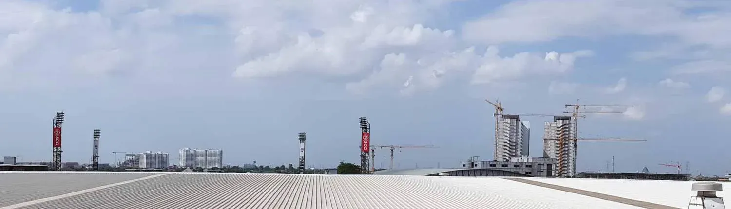 roof of metal sheet building with clear blue sky background